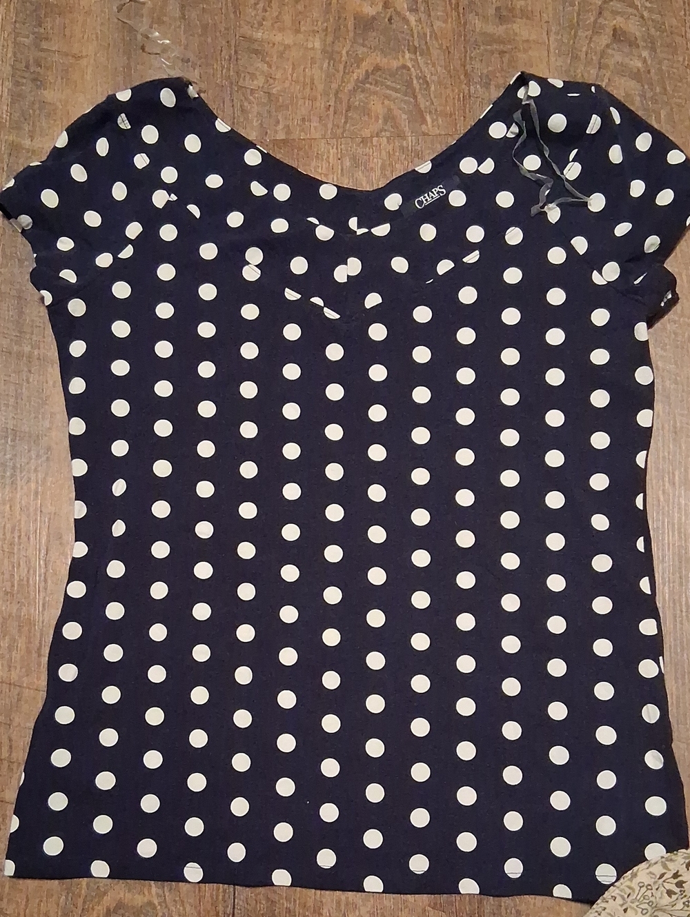Chaps Navy and White Polka Dot Short Sleeve Top